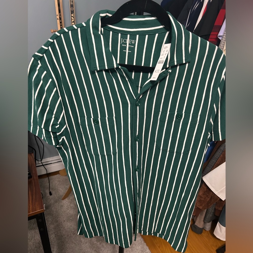 J Crew Green Pinstripe Button Up Polo